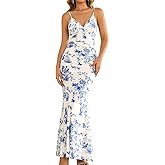 GLNEGE Women's Floral Wedding Guest Formal Maxi Dress Bodycon Spaghetti Strap V Neck Elegant Cocatail Dresses