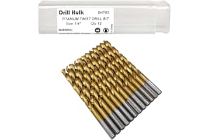 DRILL HULK Pack of 12, 1/4-Inch Titanium Nitride Coated Drill Bit, Premium M2 High Speed Steel, Jobber Length, for Metal, Plastic, Wood