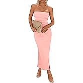PRETTYGARDEN Women's Summer Bodycon Maxi Tube Dress Ribbed Strapless Side Slit Long Going Out Casual Elegant Party Dresses