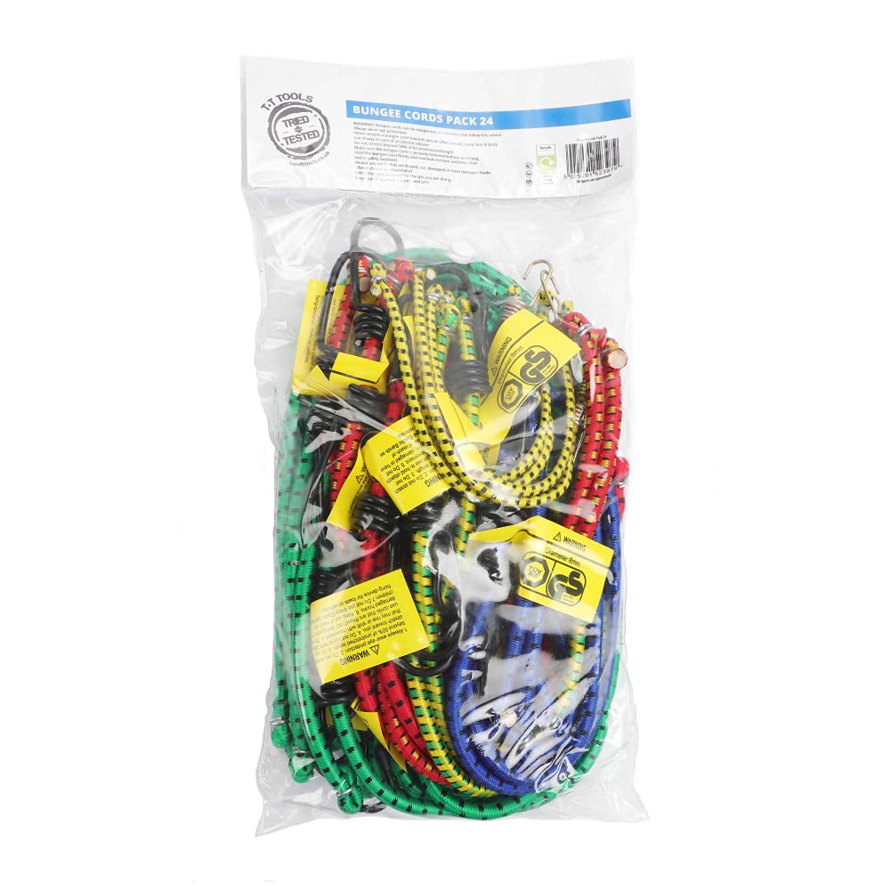 Tried + Tested 24 Piece Set Bungee Cord Assortment, Premium Heavy Duty Industrial Quality, 100% Latex Bungee Core, Dual-Wire Extra Strong Hooks, Includes 10", 13", 16" 18", 24", 30"