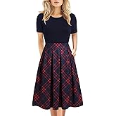 Women's Elegant Knee Length Dresses Vintage Summer Office Casual Floral Print Work Party A-Line Swing Dress with Pockets 162