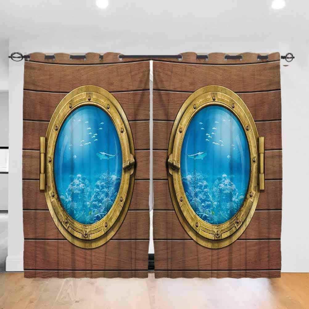 Shark Door Window Curtain,Sun Block Curtains Submarine Chamber Window with A View of Coral Reef Swimming Fishes Print Curtains for Kids Bedroom,Decor Curtains, Pale Caramel Blue Gold W104 X L63 inch