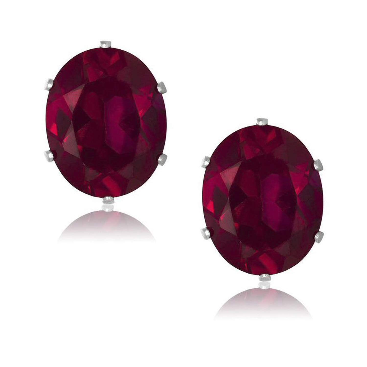 10MM Oval Cut Cubic Zirconia (CZ) Birthstone Stud Earrings/Ear Studs for Women/Teenage/Girls - 925 Sterling Silver - Round Silver Earrings - Ruby Red