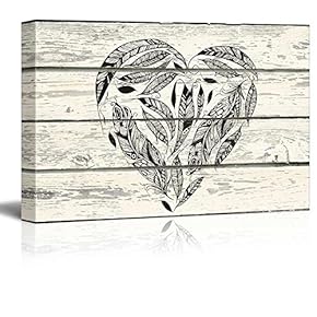 Sketched Feathers Forming The Shape of a Heart on a Wooden Background - Canvas Art Home Art - 12x18 inches