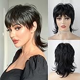 StrRid Short Black Shaggy Layered 80s Mullet Pixie Wig with Bangs Wolf Cut Curly Synthetic Natural Funny Adult Fake Fun Hair Replacement Wigs for White Women Daily Party Cosplay Costume Halloween Use