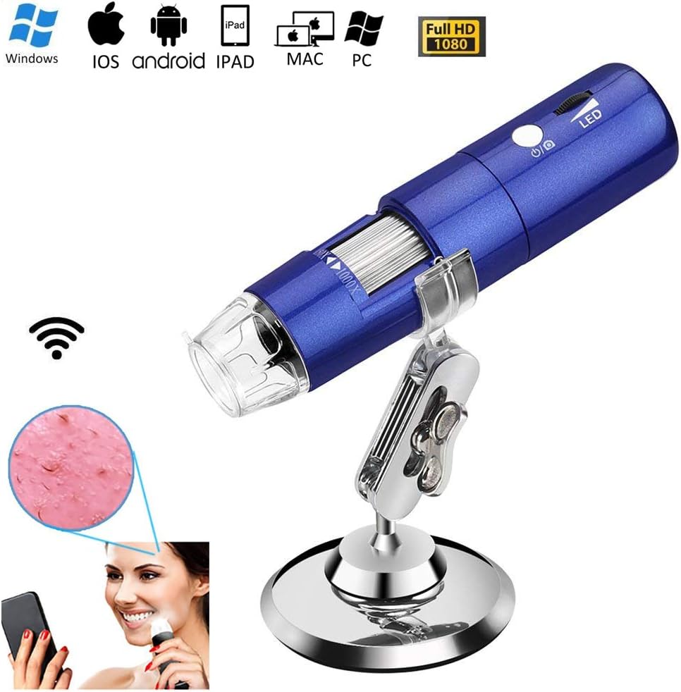 WiFi USB Microscope-50x to 1000x Microscope Magnification with HD 1080P 2MP Camera, Mini Pocket Handheld Microscope Camera with Light Compatible for iPhone Android, iPad Windows MAC