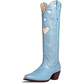 Agodor Cowboy Boots for Women Heart Cowgirl Boots Classic Embroidered Women Wide Calf Knee High Boots Chunky Heel Pointed Toe Pull On Fashion Western Boot