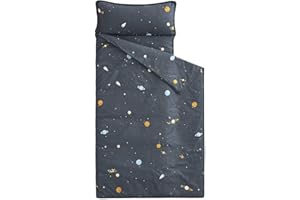 Wake In Cloud - Toddler Nap Mat with Pillow and Blanket, 100% Cotton Fabric, for Kids Boys Ages 3 Plus in Daycare Kindergarten Preschool, Roll Up Sleeping Bag, Galaxy Spaces