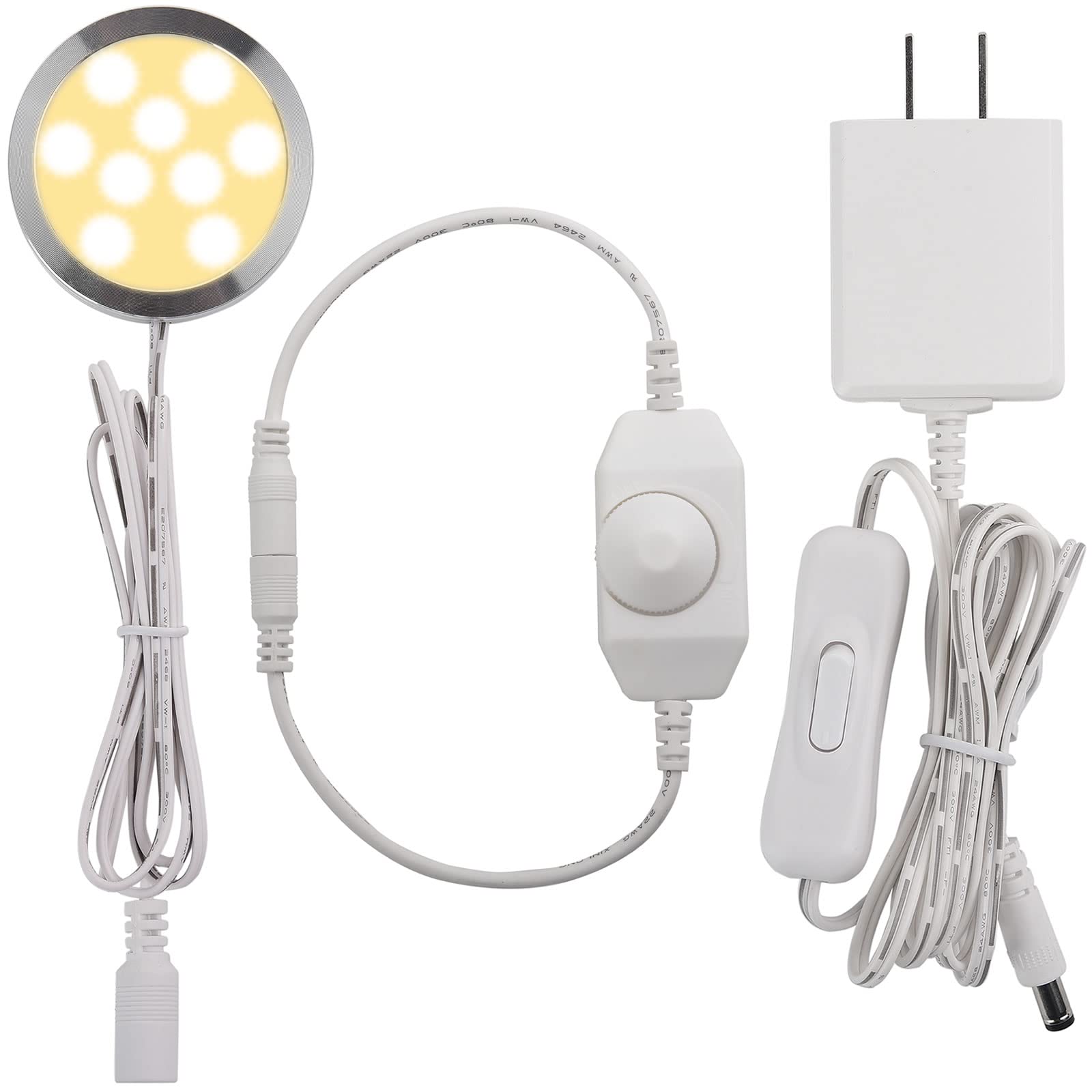 Photo 1 of Meigour Under Cabinet LED Puck Lighting, Single Light for Hutch Bookcase Display Shelf Lighting, Rotary Dimmer Switch, 120VAC Plug in, White Cord, Warm White