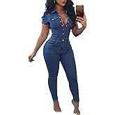 Sexyshine Women's Sexy Button Down Slim Fit Denim Long Jumpsuit Playsuit Lapel Full length Jeans Rompers Overalls