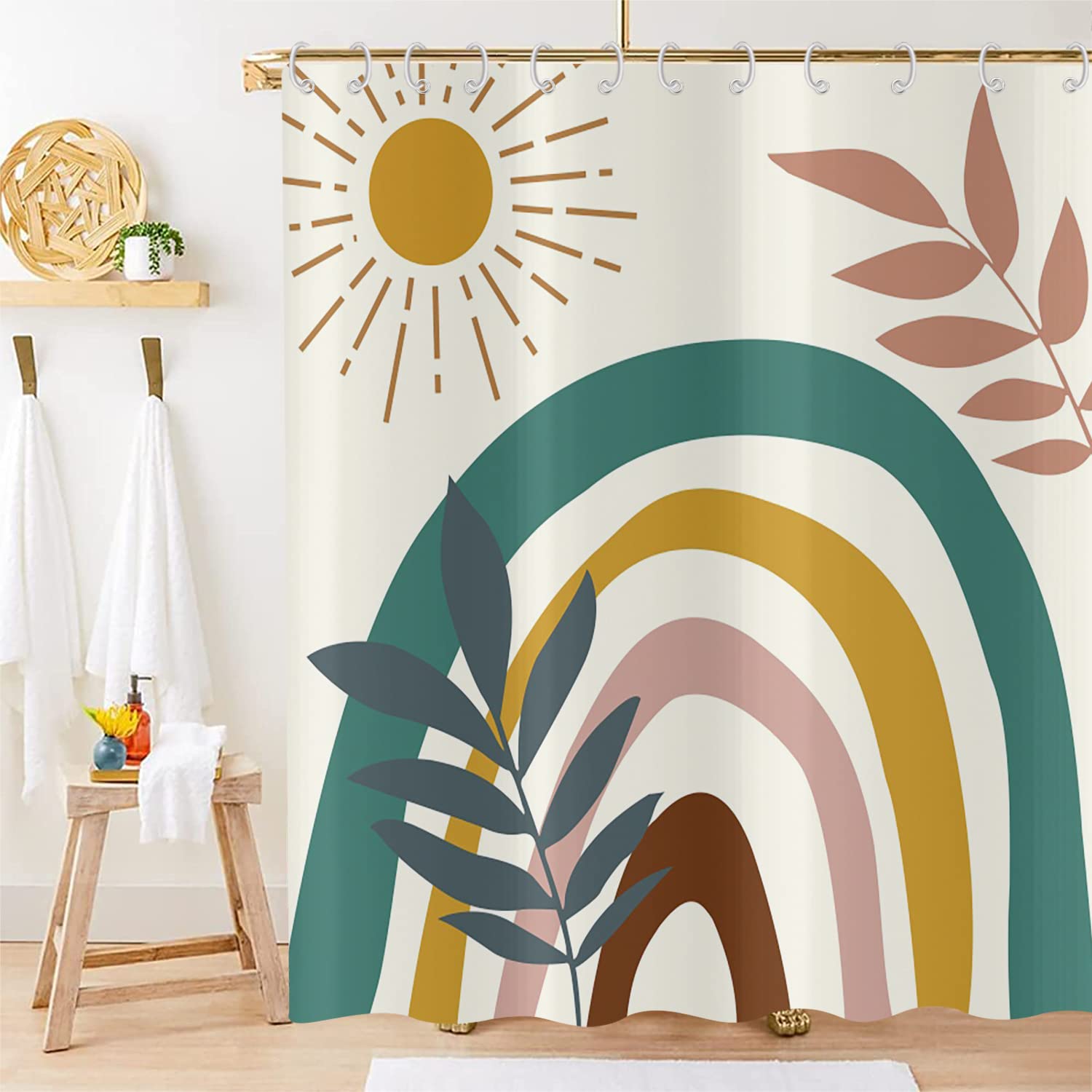 Hnmdmyi Boho Shower Curtain 180x180, Mid Century Abstract Leaf Sun Rainbow Beige Bathroom Curtains Modern Minimalist Geometric Aesthetic Art Waterproof Polyester Fabric Washable Bath Curtains