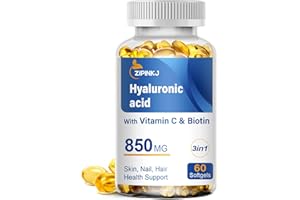 ZIPINKJ Hyaluronic Acid Supplements 850mg with Biotin 5000mcg & Vitamin C 25mg High Absorption, Skin Hydration, Hair and Nails Health, Non-GMO, Gluten Free, 60 softgels