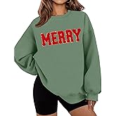 LETSEE Merry Sweatshirts for Women Christmas Chenille Patch Sequin Crewneck Sweaters Fleece Xmas Holiday Top