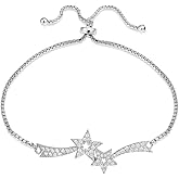 Hoops & Loops Sterling Silver White CZ Cubic Zirconia Two Shooting Star Adjustable Pull String Bracelet