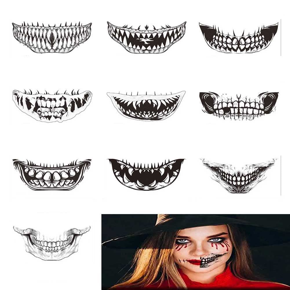 Halloween Tattoo Stickers, 10 Styles Halloween Prank Makeup Temporary Tattoo Halloween Clown Horror Mouth Face Tattoo Sticker Decals Prank Props for Halloween Cosplay Party DIY (black white)