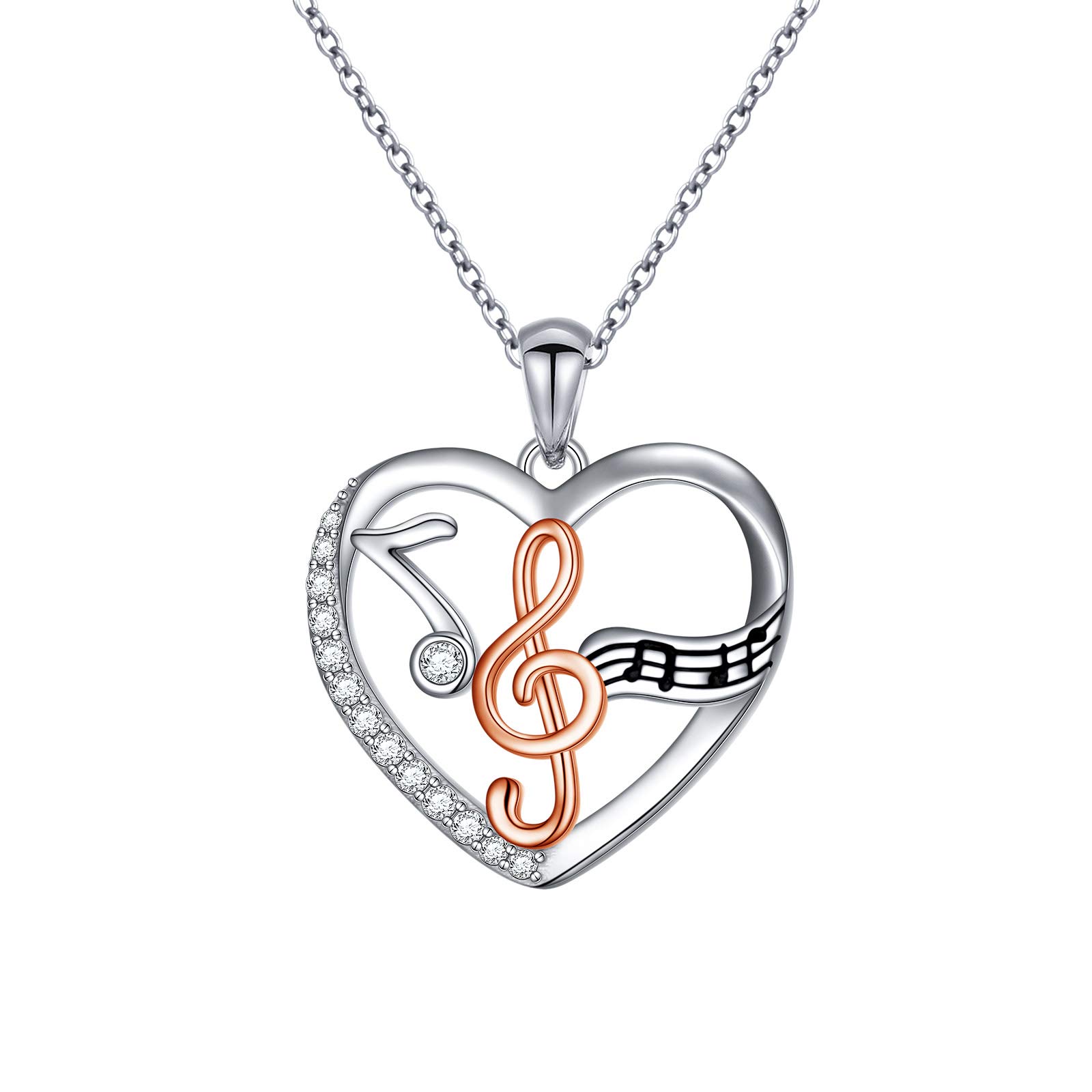 HOOHWE Sterling Silver Two Tone Music Note Love Heart Pendant Treble Clef Necklace for Women Jewelry Gift for Music Dance Lover