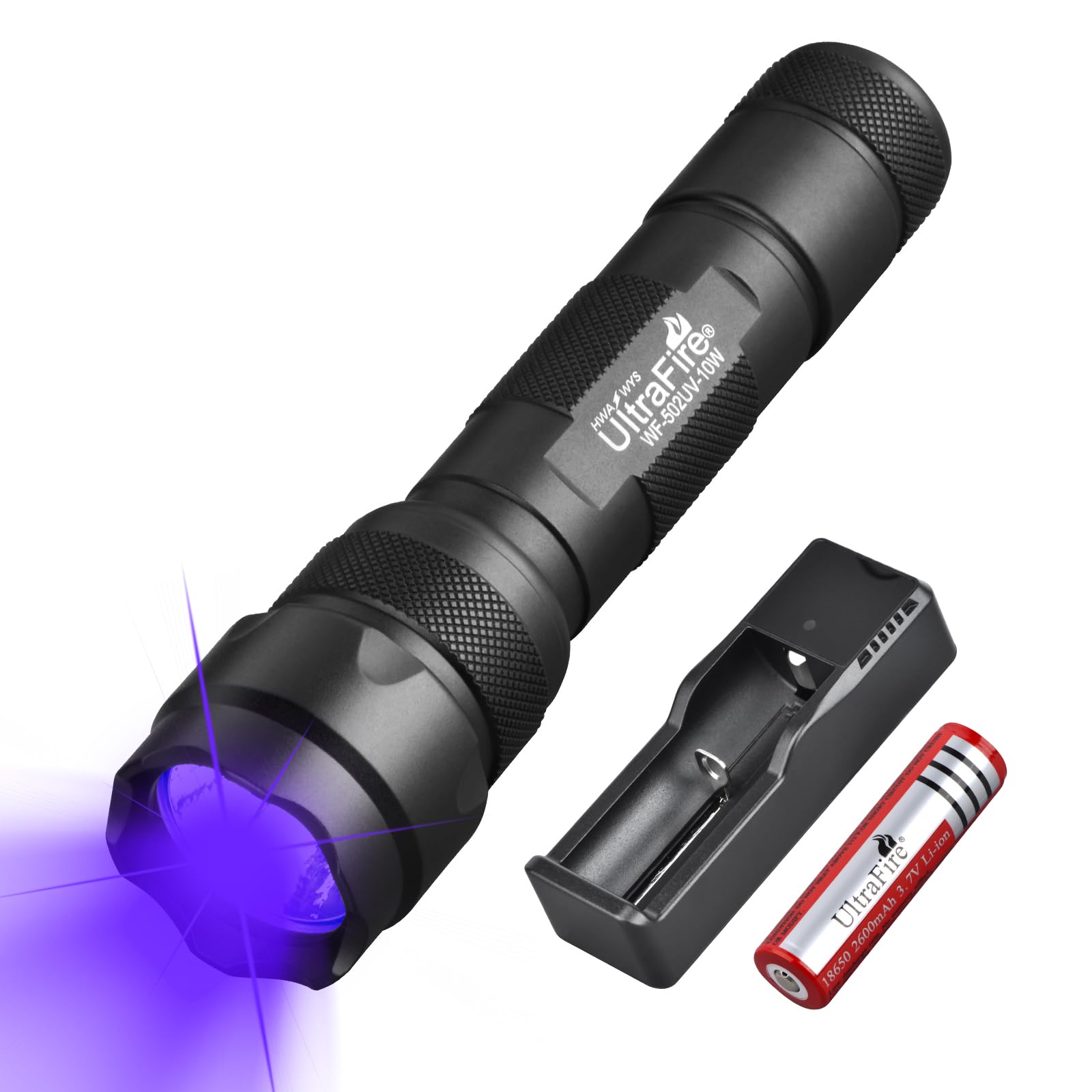 ULTRAFIRE UV Torch 365nm Blacklight, 10W UV LED Torch with Holster, Single Mode Powerful Ultraviolet Lamp for Pet Urine Stains, Curing Resins, Fluorescent Leak Detection, Mineral Identification, 502UV
