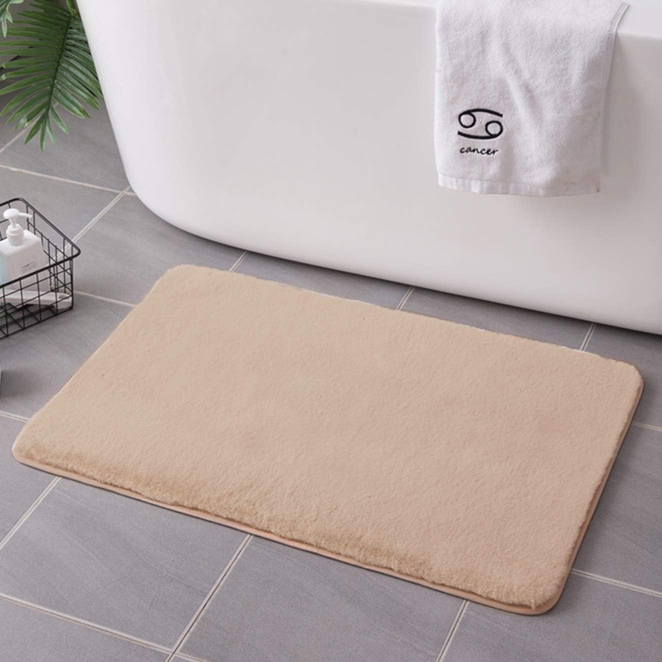 Amazon Com Haocoo Bathroom Rugs 20x31 Inch Shaggy Faux Rabbit Fur Bath Mat Non Slip Door Carpet Soft Luxury Plush Microfiber Machine Washable Floor Rug For Doormats Tub Shower Khaki Home Kitchen