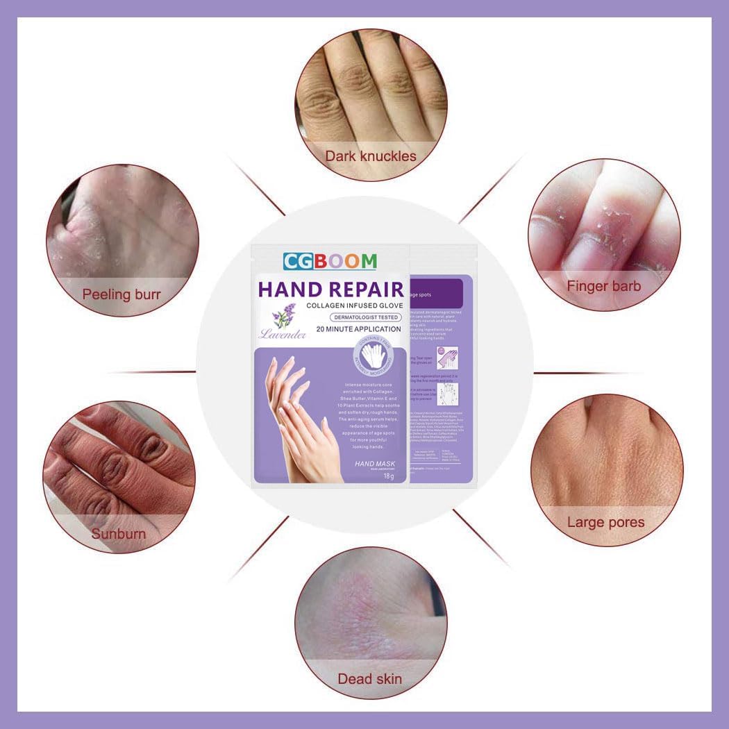 CGBOOM 5 Pairs Hand Masks Moisturizing Gloves, Hand Skin Repair Renew Mask Infused Collagen, Vitamins + Natural Plant Extracts for Dry, Aging, Cracked Hands (Lavender)