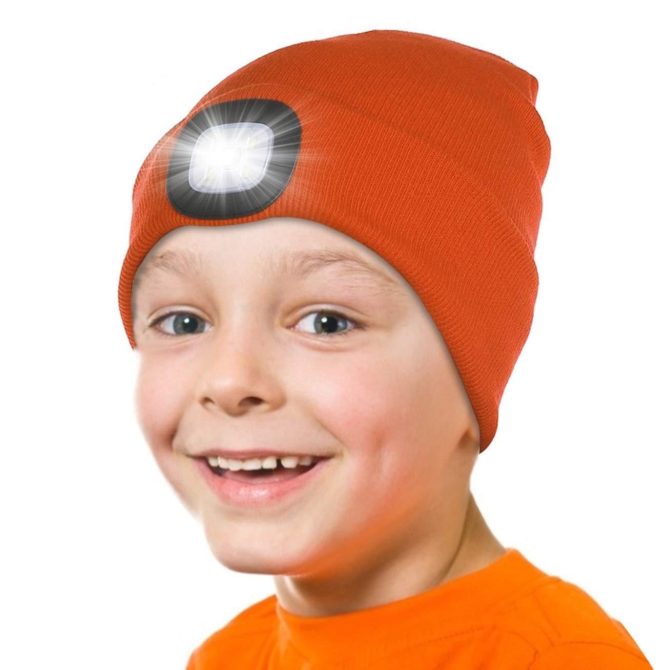 Attikee Kids LED Beanie with Headlamp - Rechargeable 4 LED Lighted Hat with Torch, Adjustable Brightness Winter Knit Cap for Cycling, Running, Camping, Night Walking for Boys & Girls Orange