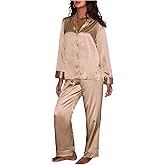 OYOANGLE Women's Silk Satin Pajama Sets V Neck Long Sleeve Button Down Nightwear Vacation Pajamas Sets