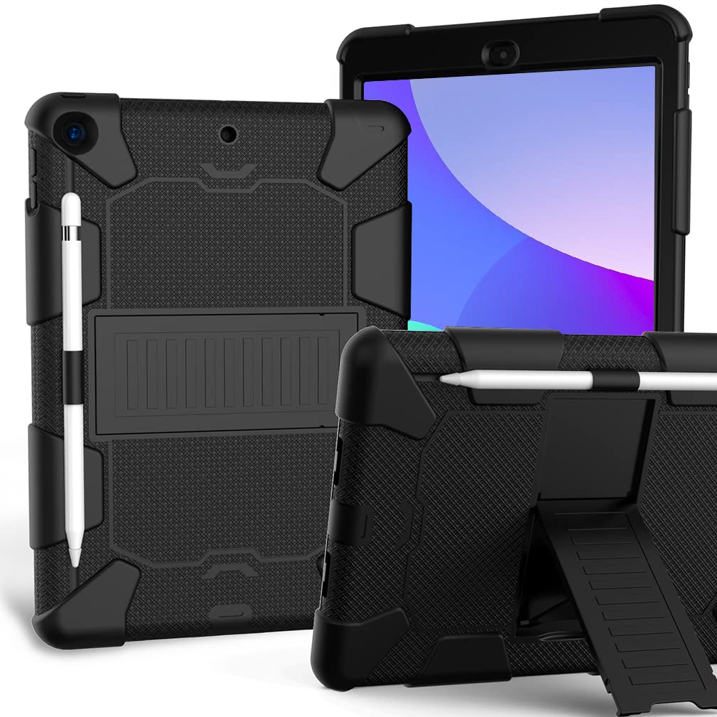 Case for iPad 10.2 Inch 9th/8th/7th gen 2021/2020/2019 with Three-in-one design, shockproof Robust case with pencil holder and stand- Black+Black