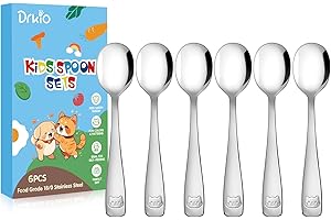 DRKIO Stainless Steel Toddler Spoons Set - 6 Pieces Kids Spoons Set Children Safe Food Grade Kids Silverware Small Spoon Metal Toddler Utensils Dishwasher Safe Mirror Polished