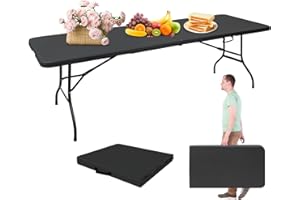 LSKSSNG Portable 8Ft Folding Table, Heavy Duty Plastic Fold-in-Half Utility Foldable Dining Table, Multi-Purpose Plastic Folding Table with Carrying Handle for Camping and Party Indoor/Outdoor (Black)