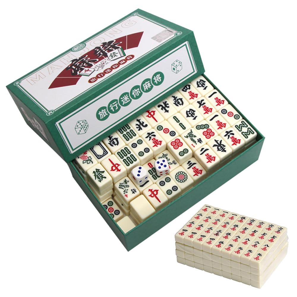 Foreverup Mini Mahjong Set, 144 Tiles Mahjong Set Portable, Mahjong Travel Set, Chinese Traditional Mahjong Set with Carrying Travel Case and 2 Dice for Leisure Travel Party Family Games