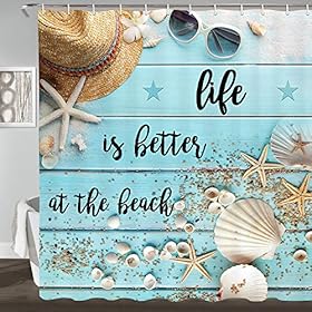 JAWO Rustic Wood Shower Curtain, Life is Better at The Beach on Blue Teal Wooden Seashell Starfish Coastal Shower… 61iuxK1itIL