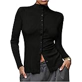 SOLY HUX Women's Button Down T Shirt Mock Neck Long Sleeve Tee Fitted Casual Fall Tops