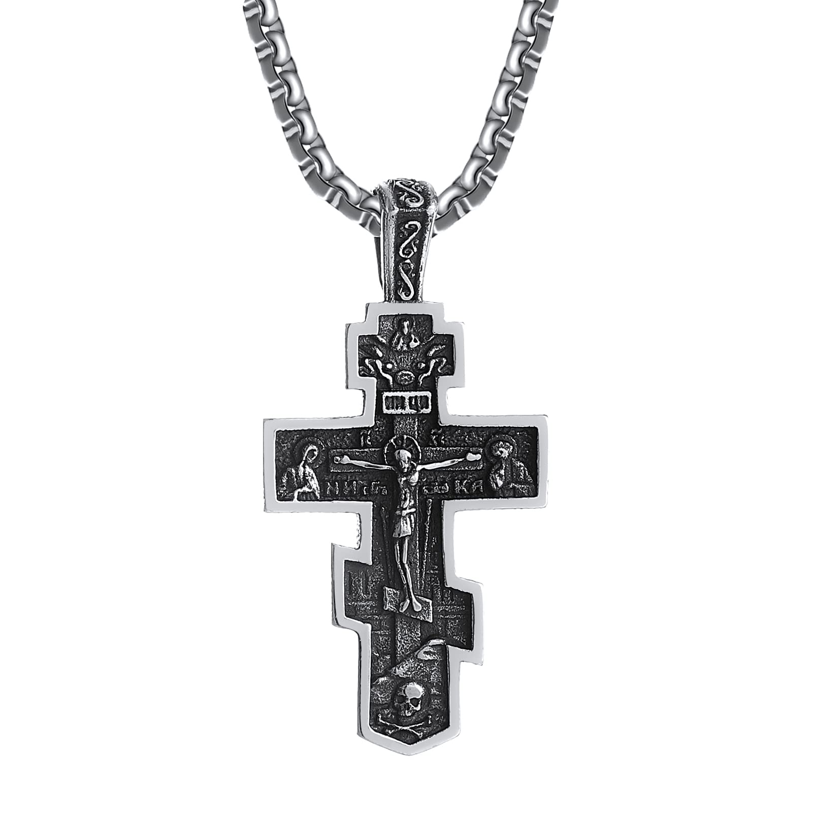 KOMI 316L Stainless Steel Necklace Jesus Crucifix Cross Necklace For Men Celtic Orthodox Cross Necklace Virgin Mary Pendant Necklace Viking Rune Chain Necklace Religious Christian Jewelry Gifts For Men