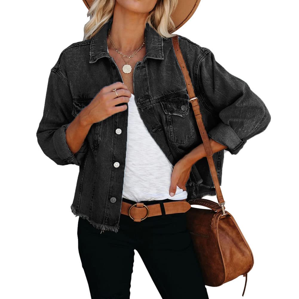 Photo 1 of LAVIQK Women's Jean Denim Jacket Classic Trucker Shacket Button Up Frayed Cropped Loose Coats