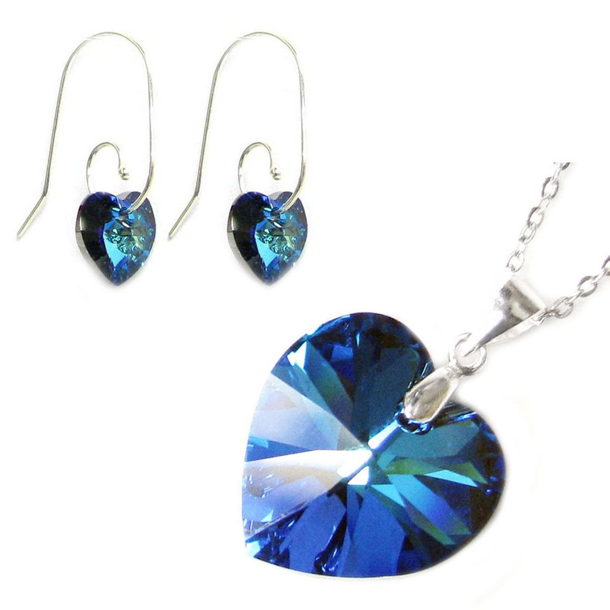 Queenberry Sterling Silver Blue Austrian Elements Crystal Heart Earrings Pendant Necklace Set, 16" + 2" Extender