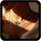 Jugielu Vintage Layered Emerald Choker Necklace Green Crystal Square Necklace Gold Curb Chain Necklaces Green Cz Pendent Necklaces Chain Tassel Choker Created Emerald Jewelry for Women