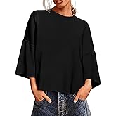 Saodimallsu Womens 3/4 Sleeve Sweaters Lightweight Crewneck Loose Pullover Casual Oversized Fall Knit Tops