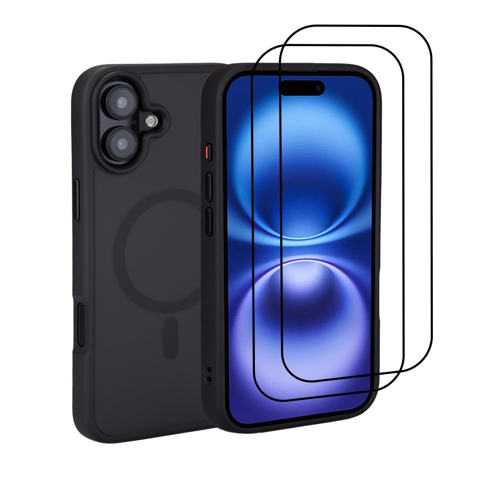 32nd Magnetic case cover for iPhone 16 (6.1") Compatible with MagSafe + 2 Screen Protectors, Slim Back Shockproof Protective Phone Cover - Black