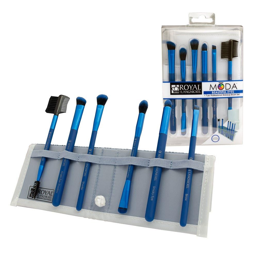 MODA Royal & Langnickel Travel Size Beautiful Eyes 7pc Makeup Brush Set with Pouch, Includes - Angle Shader, Crease Smudger, Eye Shader, Smoky Eye, Brow Liner and Lash Comb Brushes, Blue