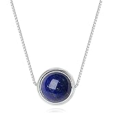 COAI Sterling Silver Necklace - Simple Bead Crystal Necklace with Moonstone, Lapis Lazuli or Malachite Stones