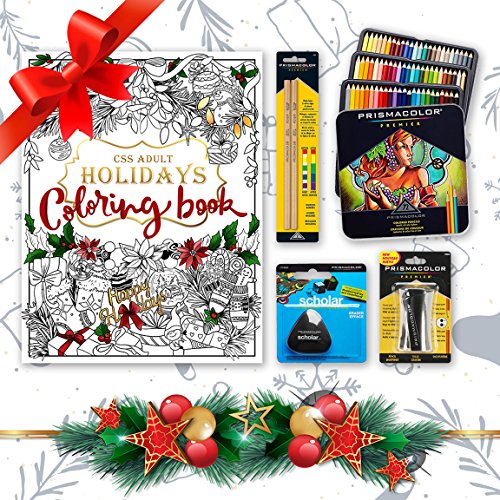 Holidays Bundle - Prismacolor 72-Count Colored Pencils, Triangular Scholar Pencil Eraser, Premier Pencil Sharpener, Colorless Blender Pencils, and Adult Coloring Book