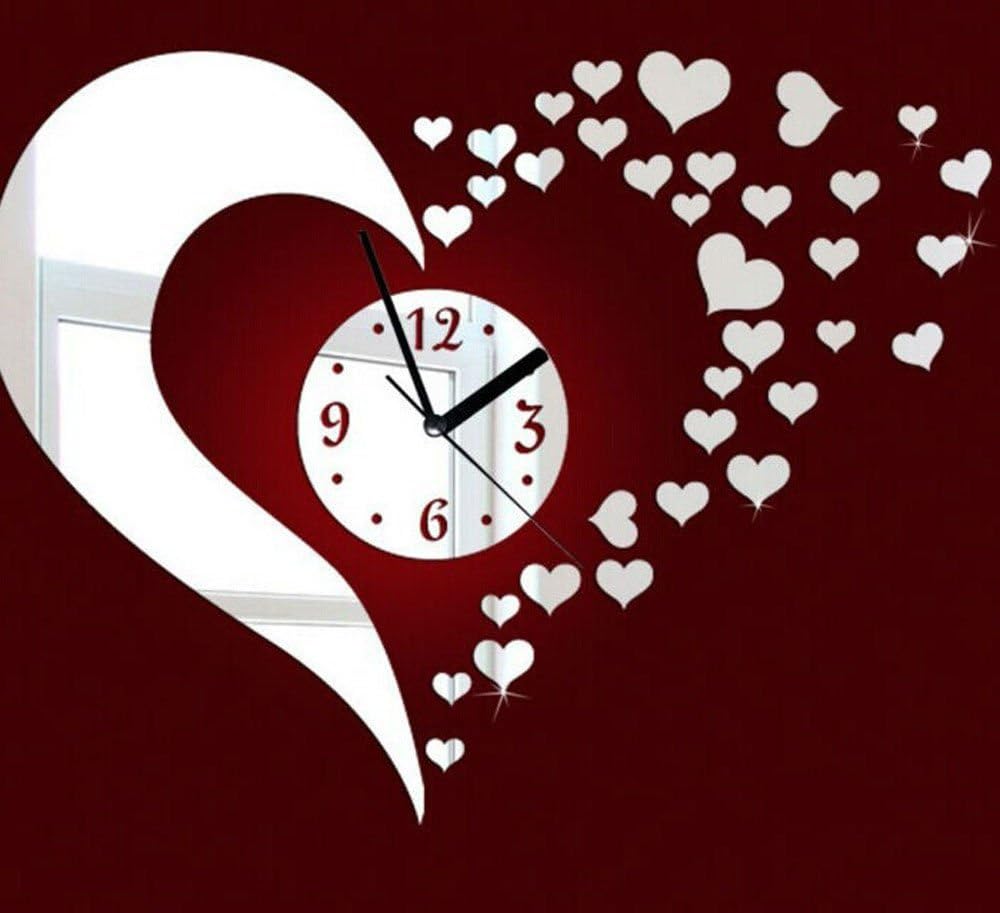 Modern 3D Heart Acrylic Mirror Wall Sticker Clock Decoration Decor Valentines Wall Decoration Clock Style Home Living Room Bedroom Decor Heart Clock Mirror Art Mural Wall Stickers