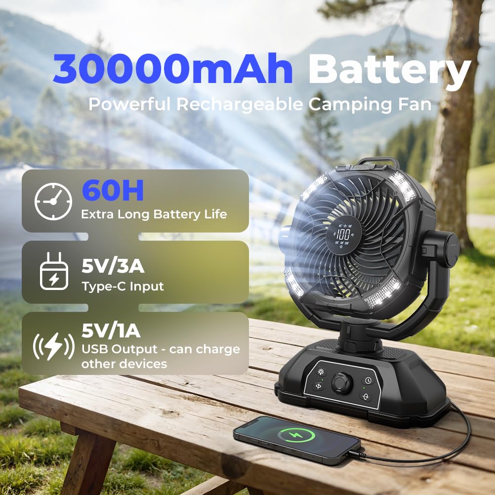 Rechargeable Camping Fan 30000mAh with RGB Lantern, 0-100 Wind Speeds Portable Battery Operated Oscillating with LED Display, 360° Airflow Tent Beach Cordless Travel Fans for Outdoor Home Office