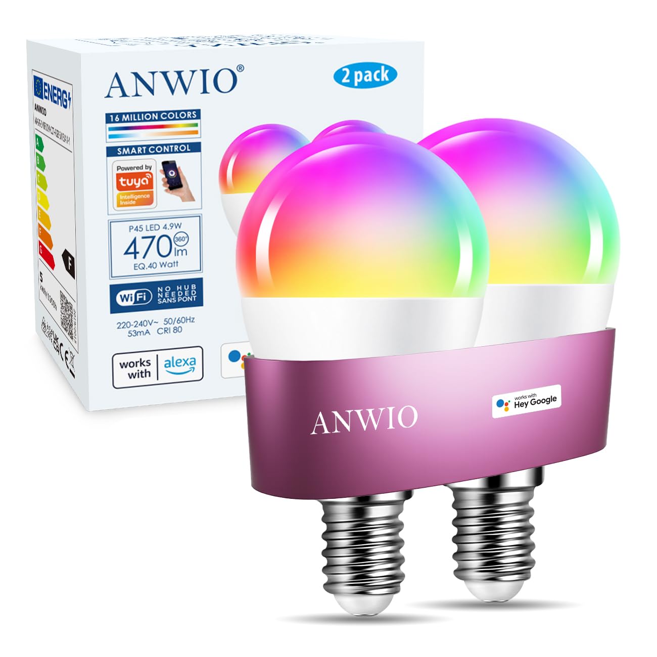 ANWIO Smart Bulb E14 Alexa Light Bulbs,RGB Colour Changing Bulbs,Smart Life App Control,Bluetooth & WiFi Bulb,470LM, 5W Replace 40 Watt,Works with Alexa & Google Assistant (2 Pack)