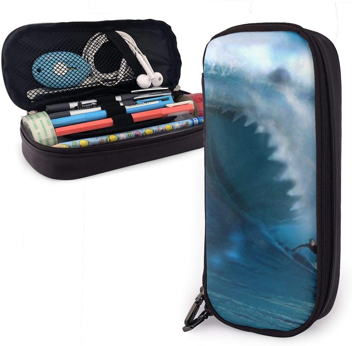 Shark Attack Surfer PU Leather Pencil Case,Large Capacity Pen Bag,Durable Students Stationery Organizers with Double Zipper Elastic Belts for School Office 1.5in X 3.5 X 8 in