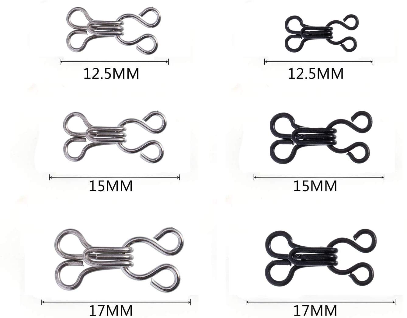 QQA 60 Pairs Sewing Hooks and Eyes Closure for Bra Clothing Trousers Skirt DIY Craft, 3 Sizes (Silver, Black)