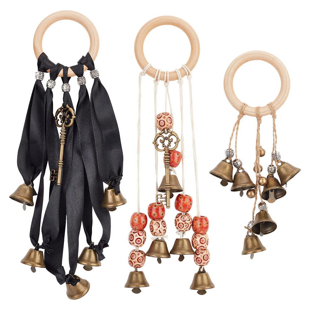 OLYCRAFT 3pcs 3 Styles Witch Bells Alloy Door Knob Hanger Witch Bell Wind Chimes Witch Bell Door Hanger Witch Bells Protection Witchcraft with Wooden Ring for Patio Garden Door Home Decorations