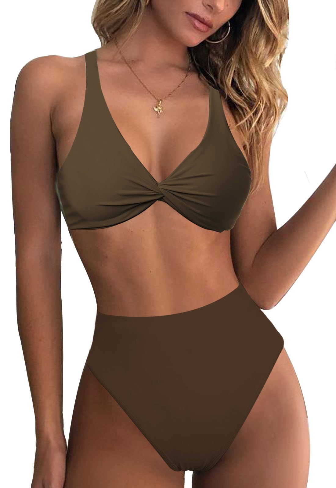 Photo 1 of Brown Bikini Sets for Women Front Twist Adjustable Straps Tummy Control Thong Swimwear Cheeky high Waist Swimsuits(Brown,S)