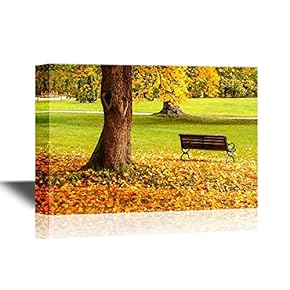 Canvas Wall Art - Bench and Oak in City Park in The Autumn - Gallery Wrap Modern Home Art | Ready to Hang - 12x18 inches