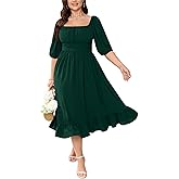 Women's Plus Size Maxi Dress Summer Half Lantern Sleeve Square Neck Smocked Flowy A-Line Elegant Wedding Guest Dresses