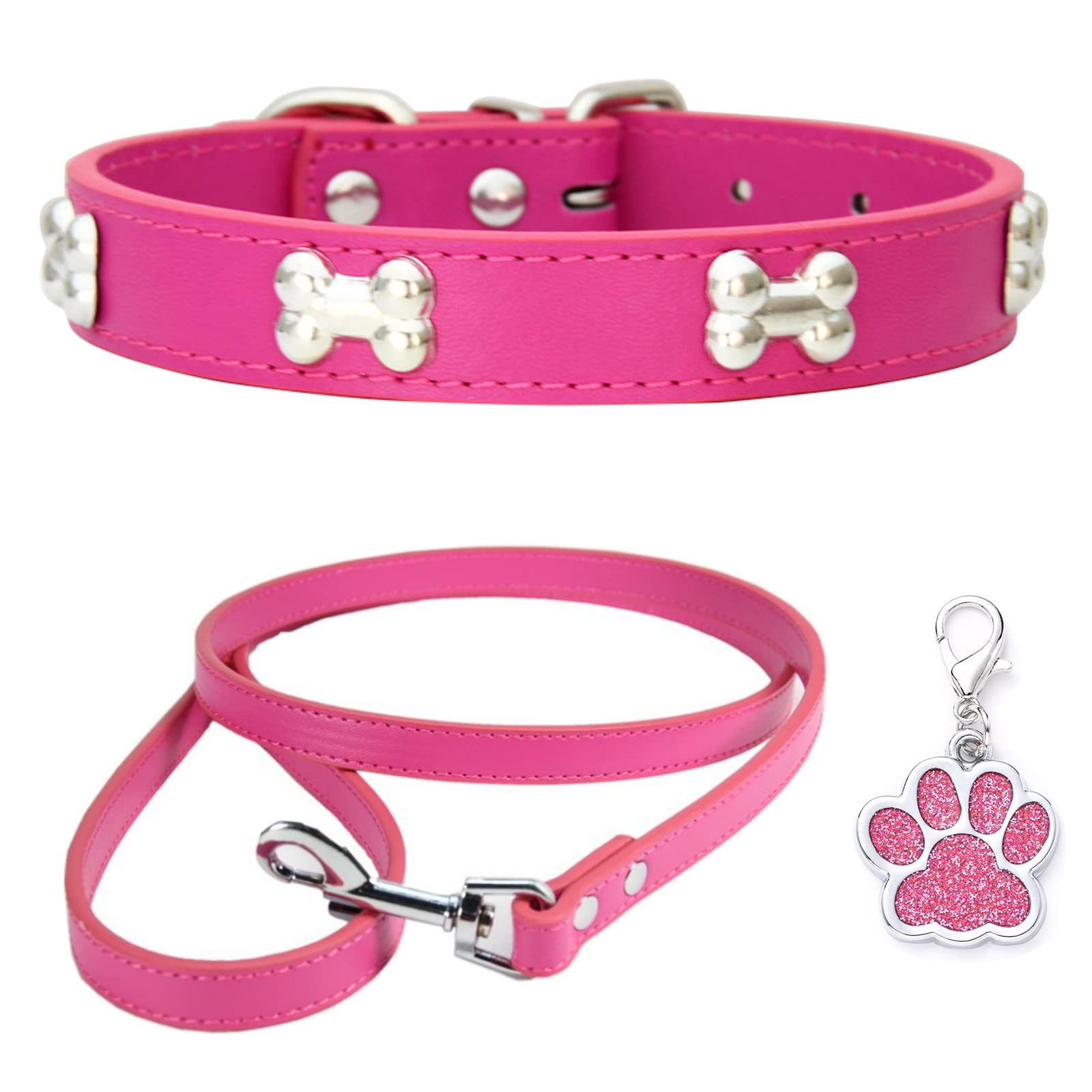 HALFSUMO Leather Dog Collar Dog Lead Combo Set Dog Collars Adjustable Puppy Collar for Small Medium Dogs Cats Rose M